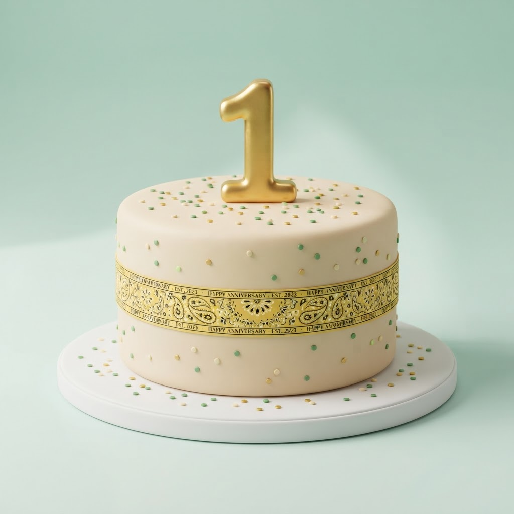 Fondant anniversary cake with a golden number one on top