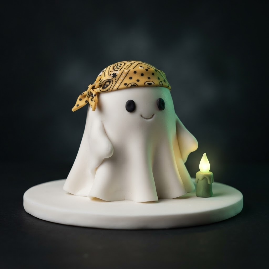 Fondant ghost wearing a yellow bandana beside a glowing green candle
