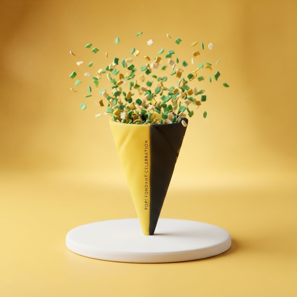 Fondant party popper bursting with green and gold confetti